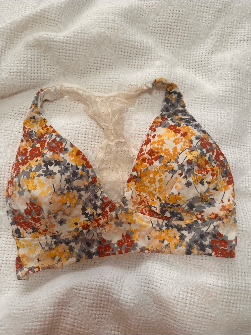 Maurices Floral Lace Racerback Bralette in Yellow, Rust & Gray